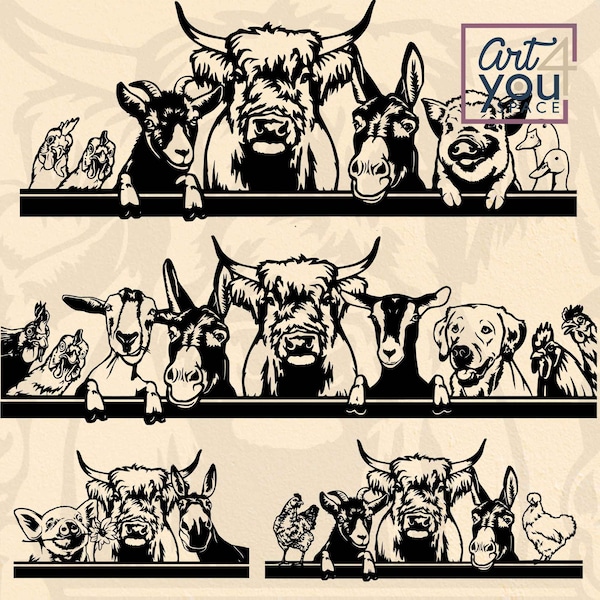 Animali da fattoria Vettore, file svg per cricut, Maiale Mucca delle Highlands Asino Pollo Anatra Capra Sbirciando dxf, Download di clipart rustiche, arte png
