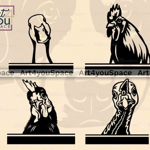May include: Four black and white silhouette images of a goose, rooster, hen, and turkey. Each image is set against a white background and has a black banner below with the text "Art4youSpace" on it.