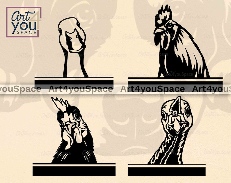May include: Four black and white silhouette images of a goose, rooster, hen, and turkey. Each image is set against a white background and has a black banner below with the text "Art4youSpace" on it.