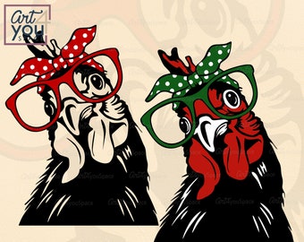 Chicken with Bandana and Glasses SVG, Farm Animal Clipart (Digital Download)