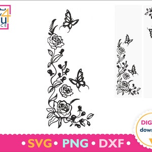 coin floral svg, roses svg, papillon svg, fleurs botaniques svg, gravure laser au pochoir de gravure sur verre, dxf pour laser, Vecteur, Cricut