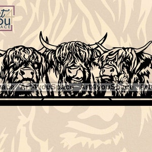 May include: Black and white silhouette of three Highland cattle with shaggy fur, looking forward. The cattle are standing behind a black fence.