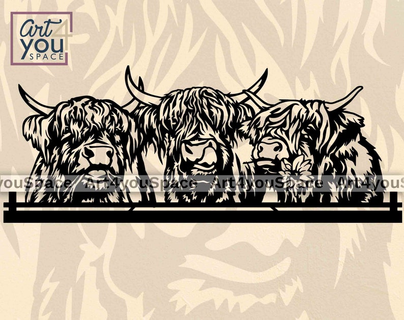 May include: Black and white silhouette of three Highland cattle with shaggy fur, looking forward. The cattle are standing behind a black fence.