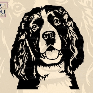 Springer Spaniel inglese in formato SVG, cane SVG Cricut, testa viso animale domestico carino, download di clipart divertente, png, arte vettoriale, taglio al plasma cnc dxf, stampa e taglio