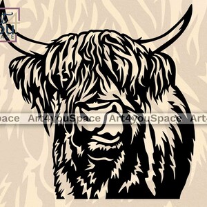 May include: Black and white illustration of a Highland cow's head with long, shaggy hair and horns.