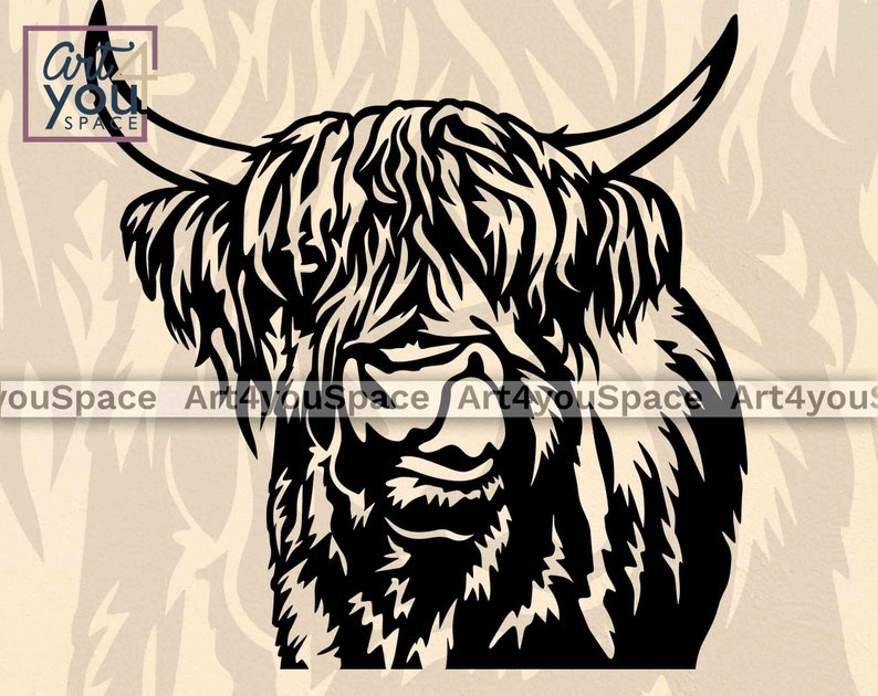 May include: Black and white illustration of a Highland cow's head with long, shaggy hair and horns.