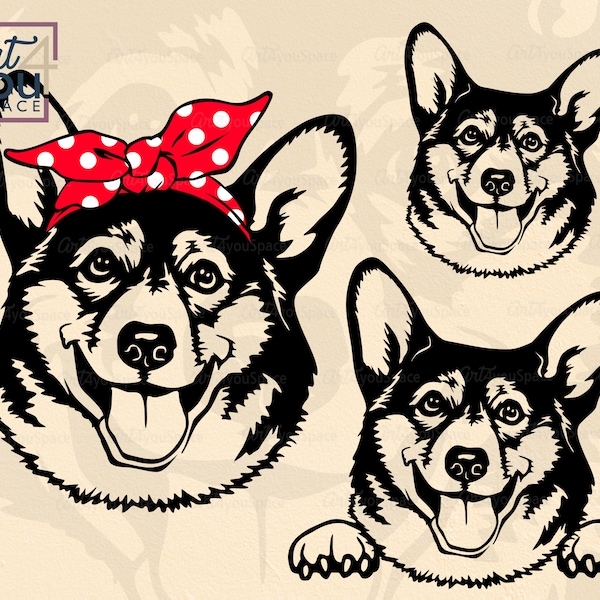 Corgi svg, peeking dog svg, cricut, Corgi face dxf, head bandana, download, clipart, png, vector, dxf files for cnc, plasma, t shirt stencil