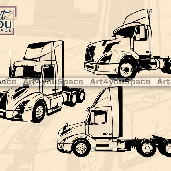 Volvo Day Cab Truck SVG files Cricut, Tractor Semi trailer clipart, car vector, DXF, printable drawing PNG, cameo silhouette, logo design