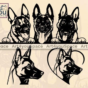 Può includere: Silhouette in bianco e nero di una testa di pastore tedesco, ripetuta quattro volte in pose diverse. La testa del cane è mostrata di profilo, guardando a destra, con la lingua fuori. L'immagine è adatta per l'uso come logo, adesivo o elemento di design.