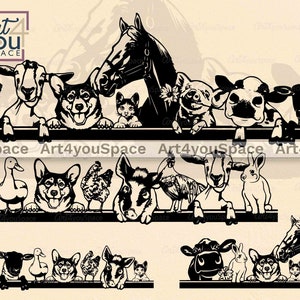 Farm Animals And Corgi Dog Svg Files for Cricut, Cat Chicken Duck Pig Horse Goat Clipart Farmhouse Sign Vector, Livestock Peeking Over Fence