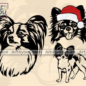 Papillon svg, archivo svg de perro para proyecto Cricut, clipart de cuerpo de cara de mascota divertida, descarga, vector, dxf, arte imprimible png, diseño navideño de raza