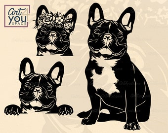 French Bulldog SVG, Frenchie with flowers clipart, Dog svg cricut Download, png, Breed DXF laser cut Vector graphics, Peeking face head paw