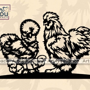 May include: Black and white silhouette of two chickens, one with a fluffy body and a crested head, the other with a long tail and a comb. The chickens are standing on a black platform.
