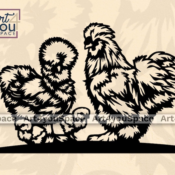 Silkie Chicken Svg files for Cricut, Farm life, Poultry Logo Vector Sign Download, Rooster Chicks Clipart Png, CNC Plasma Laser Dxf files