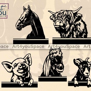 May include: Five black and white silhouette images of farm animals, including a horse, a cow, a pig, a pony, and a goat. Each animal is positioned in front of a black rectangle with the text "Art4youSpace" printed on it.