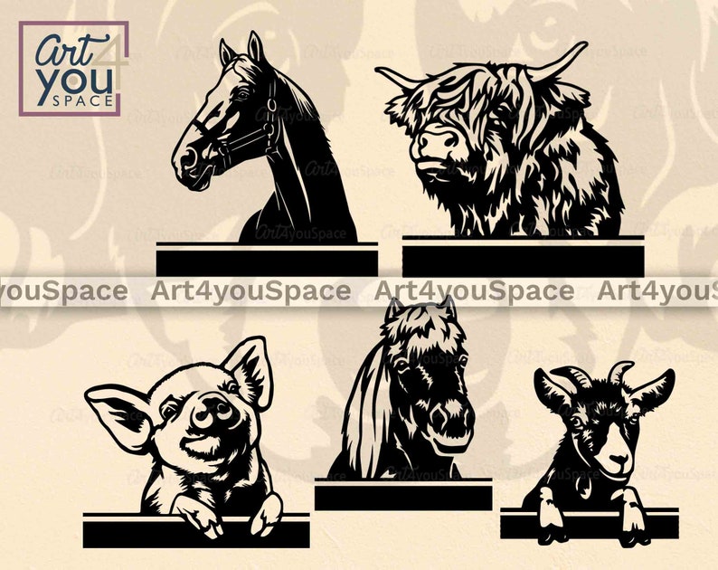 May include: Five black and white silhouette images of farm animals, including a horse, a cow, a pig, a pony, and a goat. Each animal is positioned in front of a black rectangle with the text "Art4youSpace" printed on it.