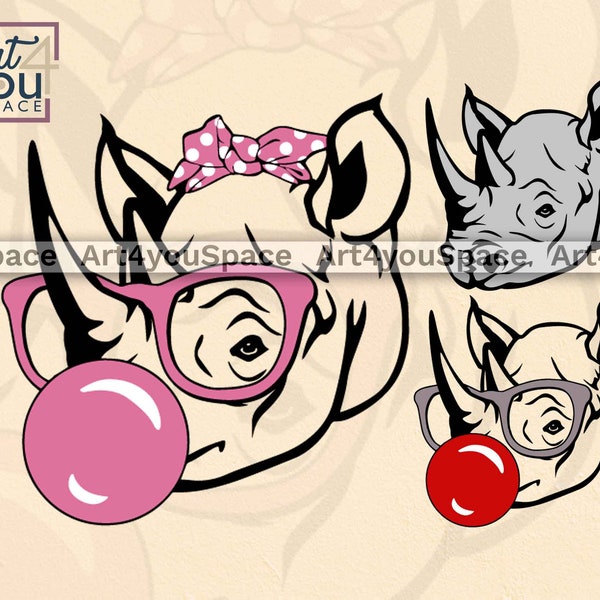 Rhino Face SVG, Rhinoceros clipart, Mascot School Logo vector, Funny Zoo animal PNG, Cricut Project Download, dxf, Bandana Glasses Buble Gum