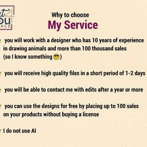 May include: A promotional graphic with the text "Why to choose My Service." The text highlights the designer's experience, file quality, and post-sale support. The image also states the designer does not use AI.