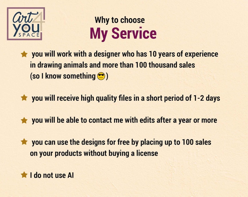 May include: A promotional graphic with the text "Why to choose My Service." The text highlights the designer's experience, file quality, and post-sale support. The image also states the designer does not use AI.
