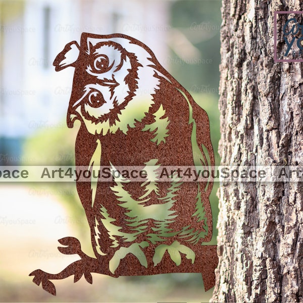 Horned Owl SVG file for Cricut, Bird laser cut vector, woodland clipart, bird DXF plasma cnc, branch, garden decoration, Printable art, png