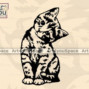 May include: Black and white line art illustration of a cat sitting with its head turned to the side. The cat has a striped pattern on its fur.