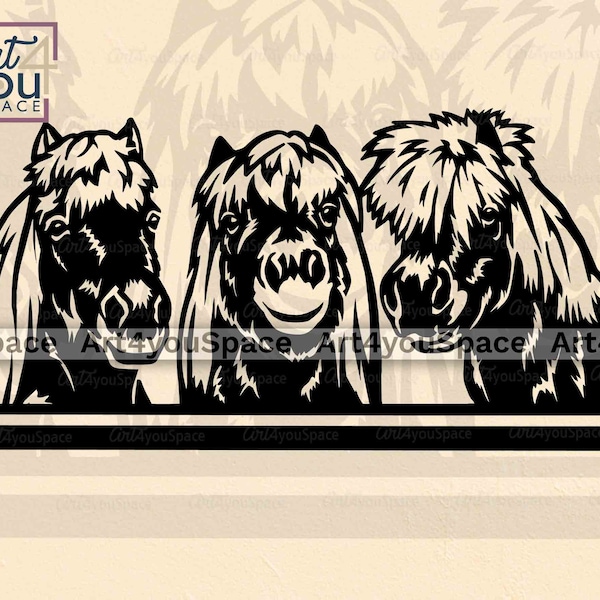 Shetland Pony, SVG-Dateien für Cricut, Vektor Peeking Bauernhof Tiere Clipart, Download, printable Art Png, DXF, Miniaturpferde Illustration