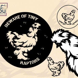Silkie Huhn Vektor-Download, lustiges Coop-Zeichen, Huhn Laser-cut-Svg-Schablone, Laser-cut-Svg-Schablone, Laser-cut-Svg-Schablone, Farm Logo Clipart, Hüten Sie sich vor winzigen Raubvögeln!