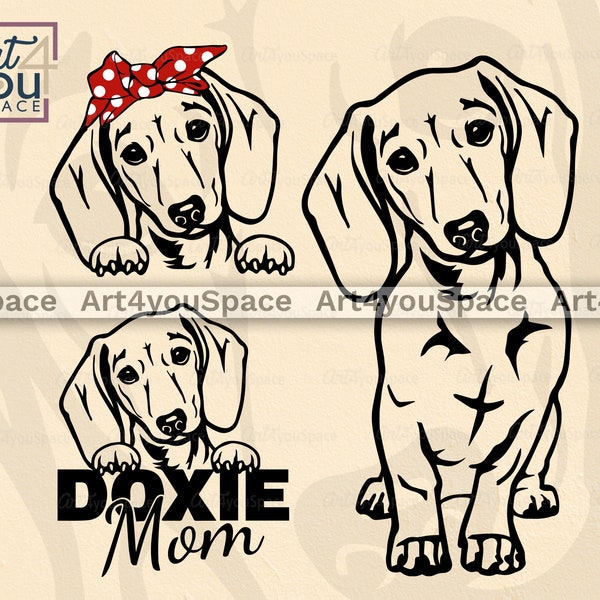 Miniature Dachshund Svg, Dog Svg Cricut, Doxie Mom, Peeking Clipart, dxf png Download, Vector, Printable art, paw face head Bandana Body Sit