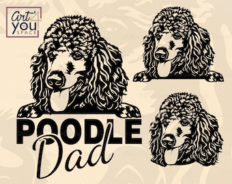 Könnte beinhalten: Schwarz-weiß-Illustration eines Pudels mit dem Text "POODLE Dad" darunter. Der Pudel schaut nach rechts und hat die Zunge herausgestreckt.