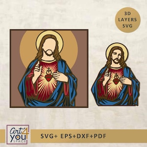 Könnte beinhalten: Zwei Illustrationen einer religiösen Figur mit Heiligenschein, gekleidet in blauen und roten Gewändern und einem Herz mit Lichtstrahlen. Der Text "3D LAYERS SVG" befindet sich in einem Kreis. Der Text "SVG+ EPS+DXF+PDF" steht darunter. Das Logo "Art 4 You SPACE" befindet sich unten links.