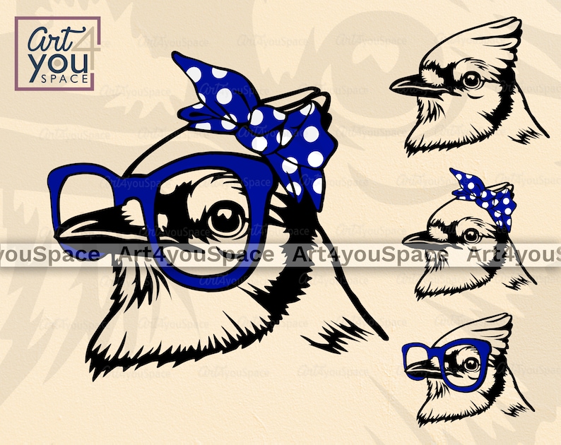 Blue Jay Bird svg files for cricut, bird head glasses bandana Clipart, vector Download, png, dxf, Printable art, mascot team logo design image 1