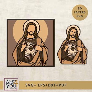 May include: Two brown and tan layered images of a religious figure with a halo, beard, and open robe, with a heart symbol on the chest. The images are accompanied by the text "3D LAYERS SVG" and "SVG+ EPS+DXF+PDF". The logo "Art 4 You Space" is also present.
