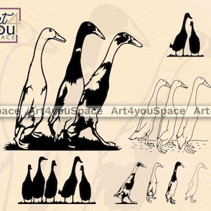 Puede incluir: Una colección de ilustraciones de patos en varias poses y estilos. Los diseños incluyen siluetas en blanco y negro y dibujos lineales detallados. El logotipo "Art 4 You Space" está en la esquina superior izquierda.