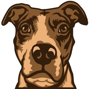 Op de afbeelding: Een gestileerde illustratie van een hondengezicht, met bruine en beige tinten. De hond heeft een opvallende neus, expressieve ogen en gedetailleerde schaduwen, wat een opvallende visuele uitstraling creëert.