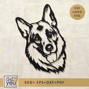 May include: Black and white laser-cut design of a dog's head, featuring detailed facial features and a protruding tongue. The image includes the text "DXF LASER SVG" in a gold circle and "Art 4 You Space" with "SVG+ EPS+DXF+PDF" text.
