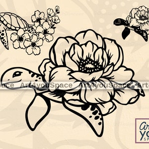 Turtle SVG Files For Cricut, Sea Nautical Vector, Flower Clipart, Ocean Animal Swimming Png Download, Dxf Cut, Printable Art, Floral Mandala