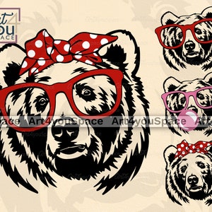 Grizzly Bear SVG files Cricut, bear head Bandana glasses clipart, Cute woodland Animal, Mascot PNG, vector, Download dxf, bubble gum