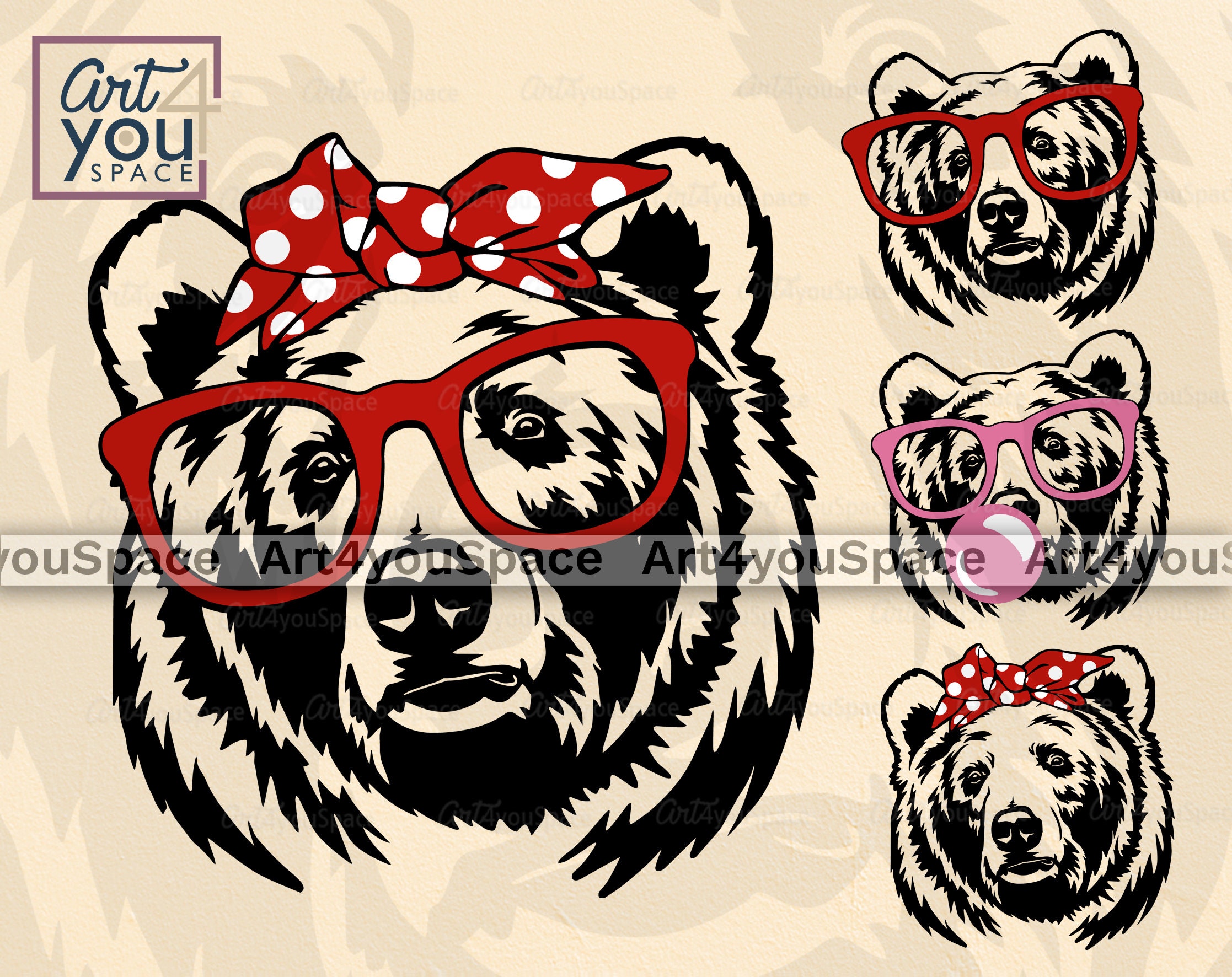 Download Grizzly Bear Svg Files Cricut Bear Head Bandana Glasses Clipart Cute Wild Woodland Animal Png Vector