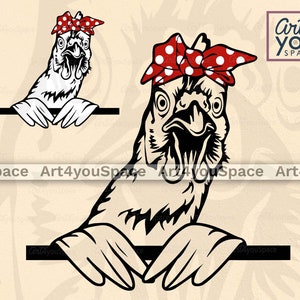Archivos SVG de pollo divertido, clipart de animales de granja, descarga de cabeza de pollo con pañuelo, vector, PNG imprimible, camiseta DXF. Gallo asomado.