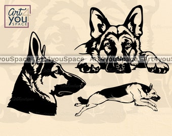 German Shepherd svg, dog svg Cricut, Laser cut vector dxf Plasma, cnc, GSD head lying run, printable art, face, ClipArt, Police dog jump png