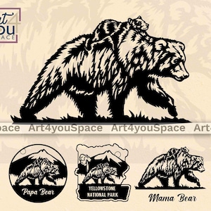 Svg ours avec ourson, papa ours maman ours Png, faune des cliparts grizzly vecteur, fichier Dxf pour laser plasma, projet Cricut, svg du parc de Yellowstone