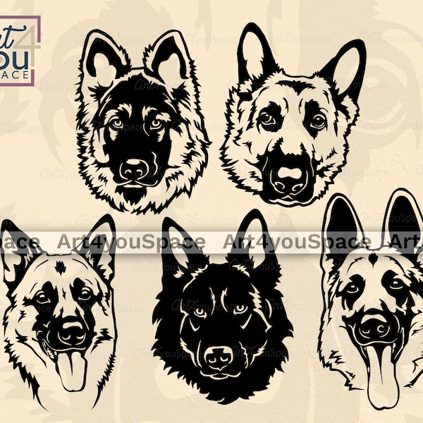 German Shepherd Svg Dog Svg Files For Cricut GSD Clipart Face Head, Download Png Dxf, Bohemian Black Shepherd Vector, Pet Art, Breed