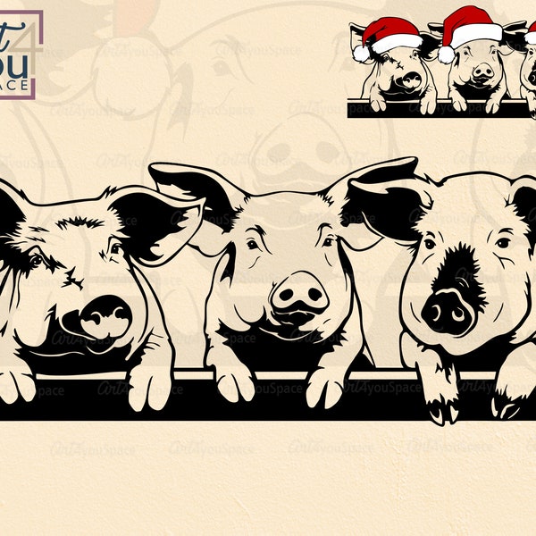 Funny Pigs Svg, Peeking Farm animals cricut clipart, Swine Piggy Swork Hog Farm life, Christmas vector graphics, dxf download, png printable