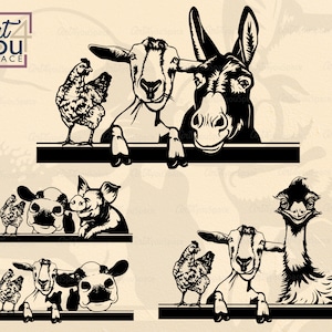 Clipart animaux de la ferme, fichiers svg pour cricut, cochon vache émeu âne poulet chèvre, dxf de la vie à la ferme, téléchargement de graphiques vectoriels, png imprimable