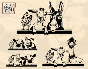 Farm animals clipart, svg files for cricut, Pig cow Emu Donkey Chicken goat Peeking, Farm life dxf, vector graphics download, png printable