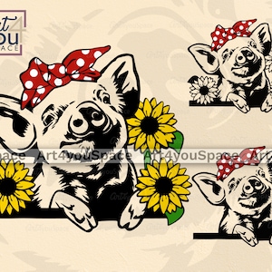 Arquivos SVG de porco para Cricut, clipart de leitão fofo, animal com bandana, sinal de fazenda Dxf, logotipo de porco, download de imagem vetorial, girassol de fazenda png