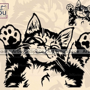 Kitten SVG files for Cricut, Cute Tabby Cat Slipping Clipart, t shirt design, Animal Sunglases vector, printable art, Download png, eps dxf