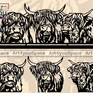Vache Highland SVG fichier Cricut, art bovin écossais, clipart élevage, animaux de la ferme Logo téléchargement, Highlander PNG, vecteur de découpe Laser Cnc Dxf