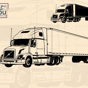 May include: Black and white illustration of a semi-trailer truck. The truck has a large cab and a long trailer. The truck is facing to the right.