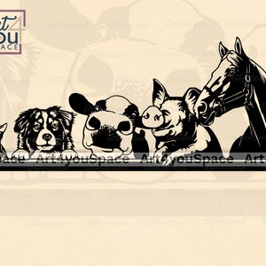 May include: Black and white silhouette illustration of a cat, dog, cow, pig, and horse peeking over a ledge. The animals are looking at the viewer.